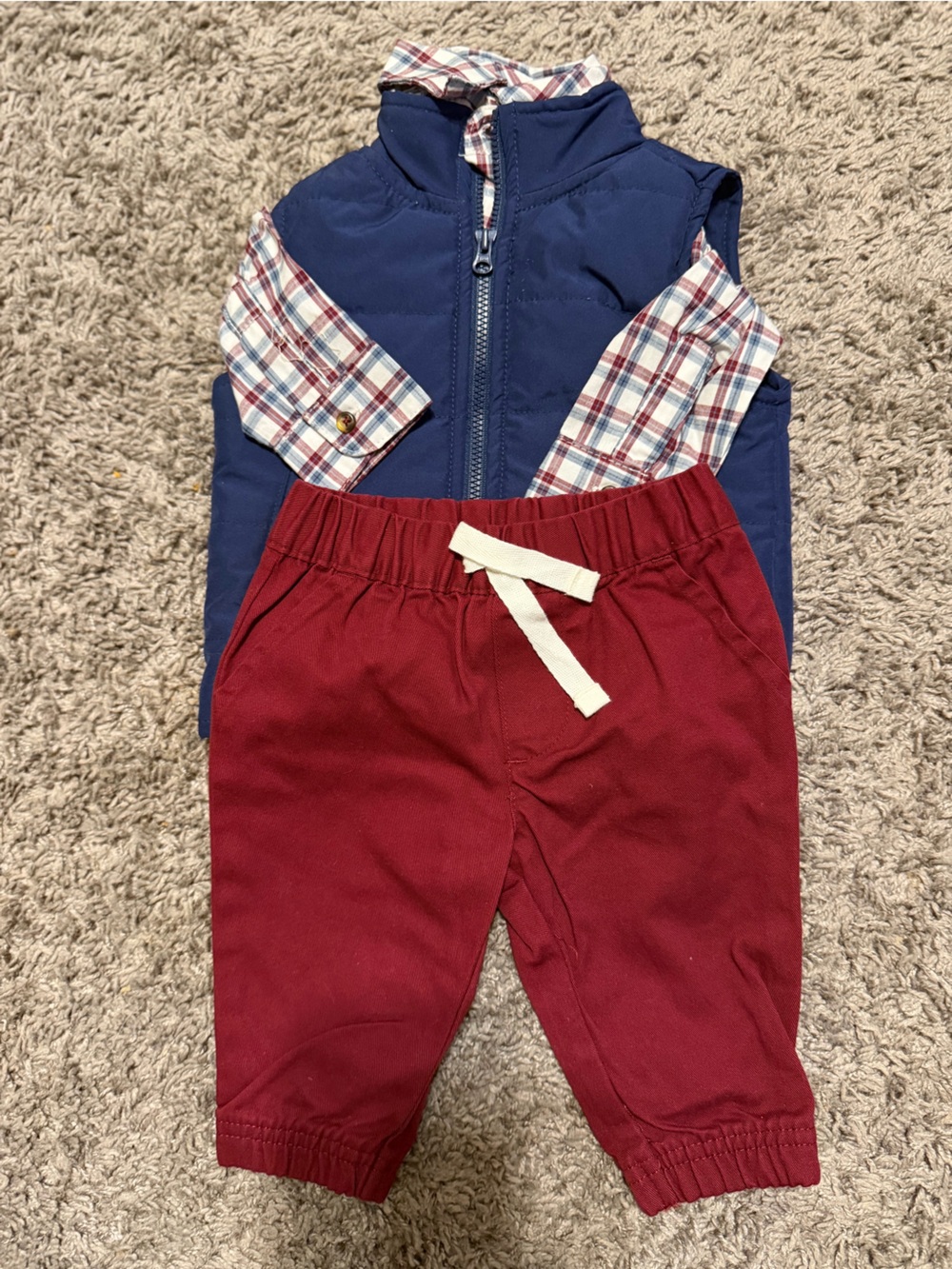 Carter's Navy Vest with Plaid Long Sleeve & Burgundy Pant Jogger 3 Piece Set